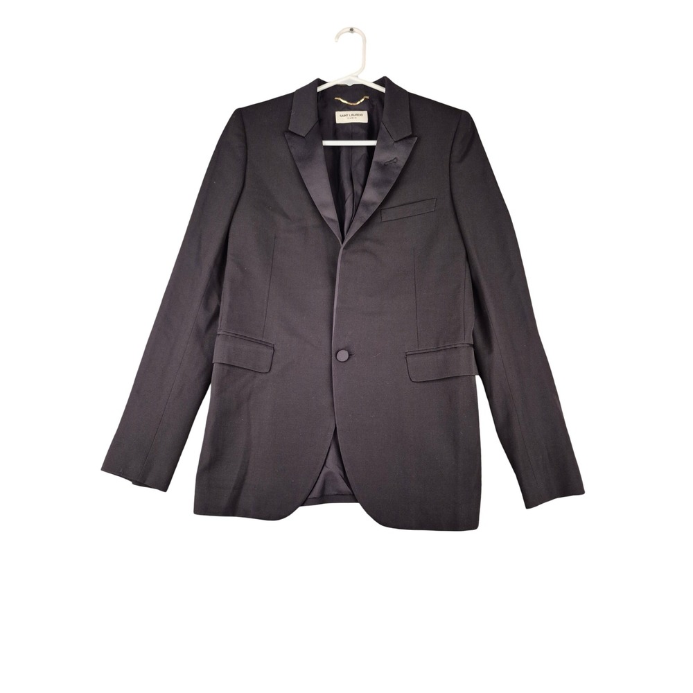 Saint Laurent Paris Mens Black Wool Satin Peak Lapel Tux Blazer Jacket Sz 34 R